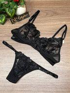 Conjunto Lingerie Sexy Cropped C/Aro Tule Bordado - Premium