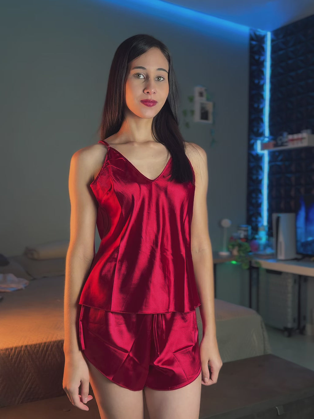 Conjunto de Pijama com Amarração na Cintura e Renda Contrastante – Premium